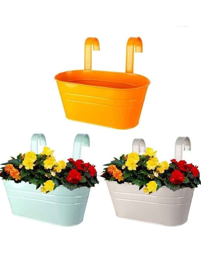 اليسا أواني زهور معدنية معلقة من ثلاث قطع - أواني زهور جدارية حديدية مزخرفة للشرفات والحدائق والمنازل | دلاء معلقة للزهور والأعشاب والعصاريات - ألوان عشوائية - Image 1