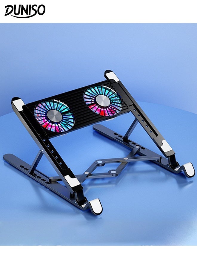 DUNISO Portable Notebook Radiator Holder Folding Laptop Holder 2 Ultra Quiet Fans Height Adjustable Laptop Cooling Pad with Non-slip Groove Stand Ergonomic Comfort Notebook Cooler  - Image 1