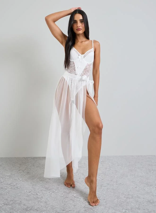 تايك تو White Lace Bodysuit And Mesh Wrap Skirt Set