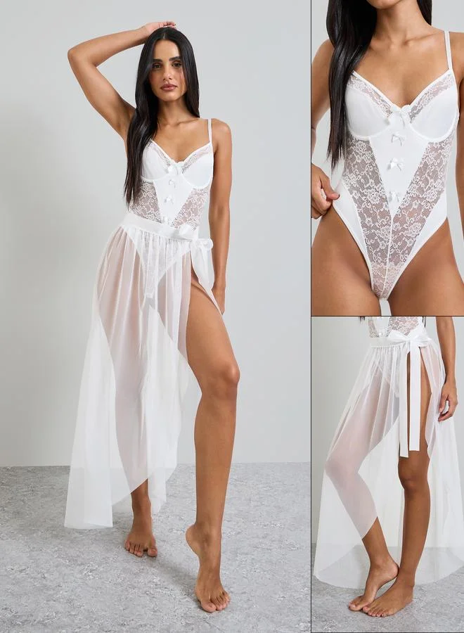 تايك تو White Lace Bodysuit And Mesh Wrap Skirt Set