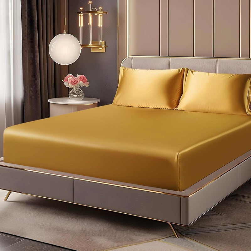 BEDELITE Satin Fitted Sheet and Pillowcases Set, Luxury Soft Similar to Silk Bottom Bedsheet with Elastic Corner Straps, Deep Pocket up to 15 Inch, 1 Fitted Sheet and 2 Pillowcases(Cal King, Gold) - Image 1