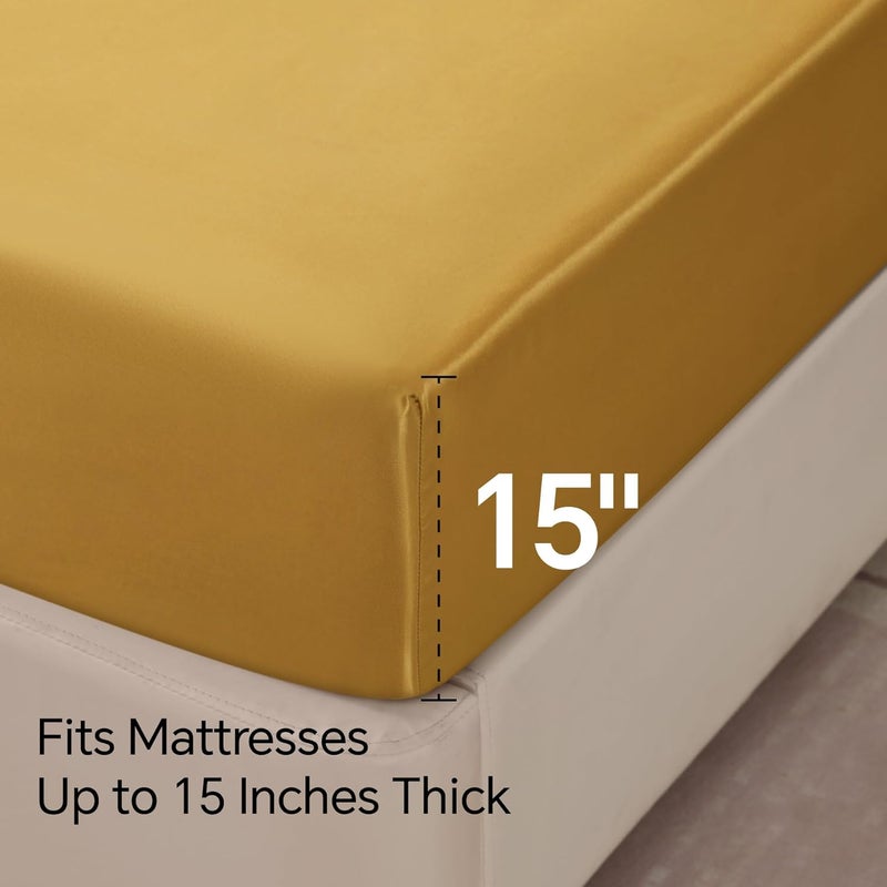 BEDELITE Satin Fitted Sheet and Pillowcases Set, Luxury Soft Similar to Silk Bottom Bedsheet with Elastic Corner Straps, Deep Pocket up to 15 Inch, 1 Fitted Sheet and 2 Pillowcases(Cal King, Gold) - Image 5