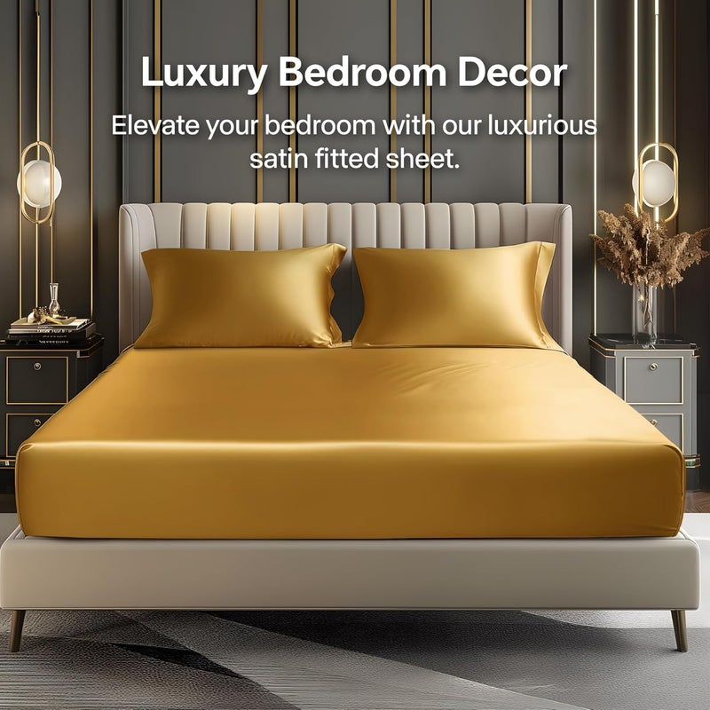 BEDELITE Satin Fitted Sheet and Pillowcases Set, Luxury Soft Similar to Silk Bottom Bedsheet with Elastic Corner Straps, Deep Pocket up to 15 Inch, 1 Fitted Sheet and 2 Pillowcases(Cal King, Gold) - Image 2