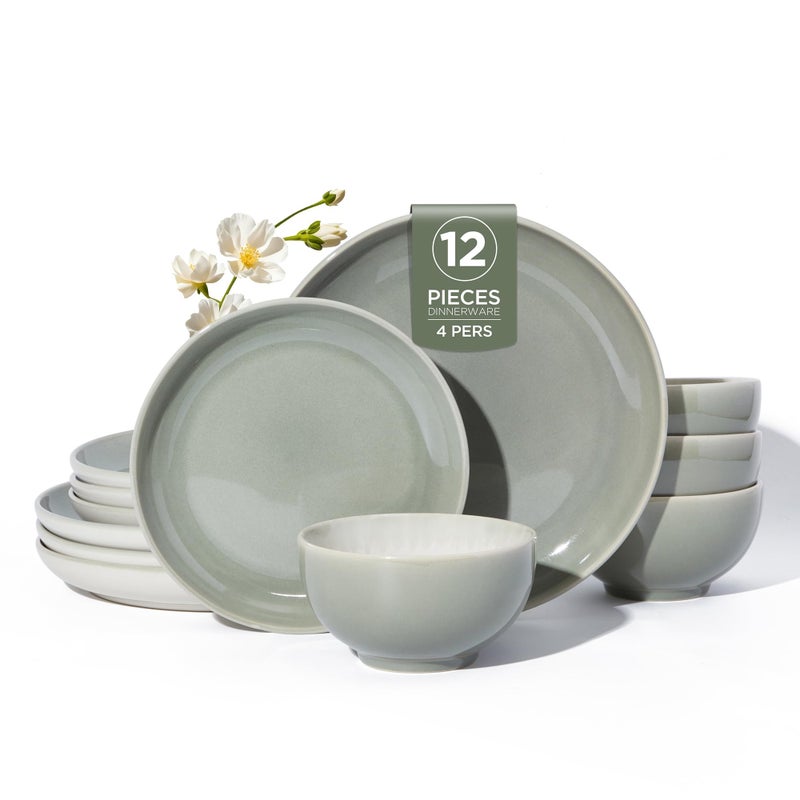 Pokini Stoneware Dinnerware Sets, Ceramic Plates and Bowls Set, Microwave & Dishwasher Safe Kitchen Dish Set, Modern Dinner Salad Plates | Cereal Bowls for 4, Dishware Sets Gray Green - Image 1