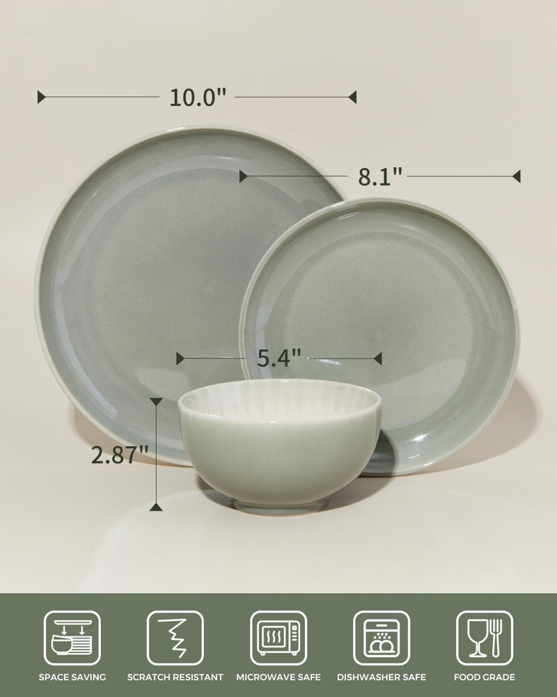 Pokini Stoneware Dinnerware Sets, Ceramic Plates and Bowls Set, Microwave & Dishwasher Safe Kitchen Dish Set, Modern Dinner Salad Plates | Cereal Bowls for 4, Dishware Sets Gray Green - Image 2
