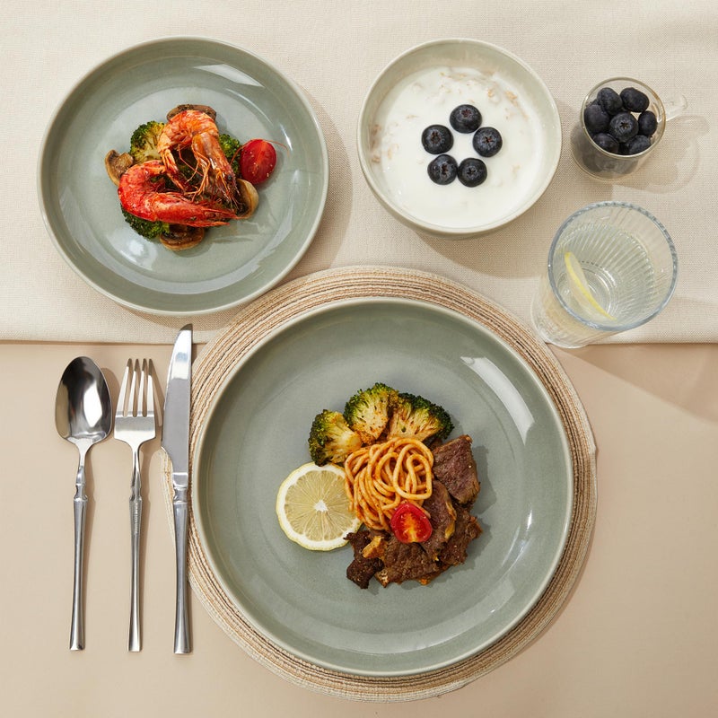 Pokini Stoneware Dinnerware Sets, Ceramic Plates and Bowls Set, Microwave & Dishwasher Safe Kitchen Dish Set, Modern Dinner Salad Plates | Cereal Bowls for 4, Dishware Sets Gray Green - Image 4