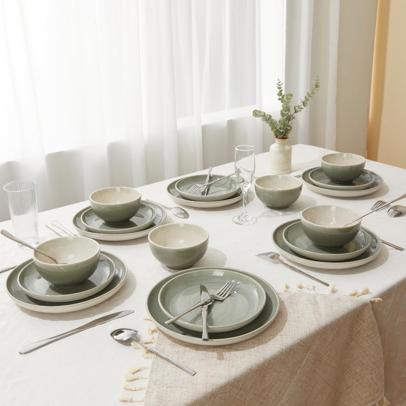 Pokini Stoneware Dinnerware Sets, Ceramic Plates and Bowls Set, Microwave & Dishwasher Safe Kitchen Dish Set, Modern Dinner Salad Plates | Cereal Bowls for 4, Dishware Sets Gray Green - Image 5
