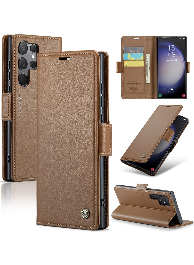 CaseMe Phone Case Luxury PU Leather Design Anti Fingerprint 023 Flip Cover Card Slot Holder Cover For Samsung Galaxy S23 Ultra (Brown) - Image 1