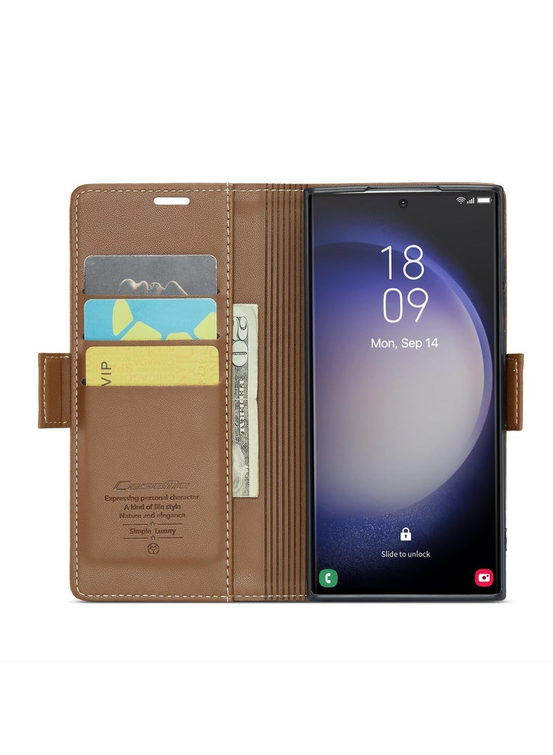 CaseMe Phone Case Luxury PU Leather Design Anti Fingerprint 023 Flip Cover Card Slot Holder Cover For Samsung Galaxy S23 Ultra (Brown) - Image 4