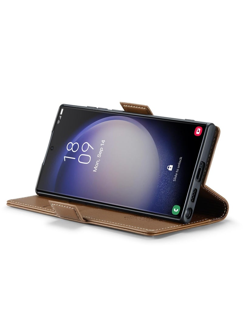 CaseMe Phone Case Luxury PU Leather Design Anti Fingerprint 023 Flip Cover Card Slot Holder Cover For Samsung Galaxy S23 Ultra (Brown) - Image 3