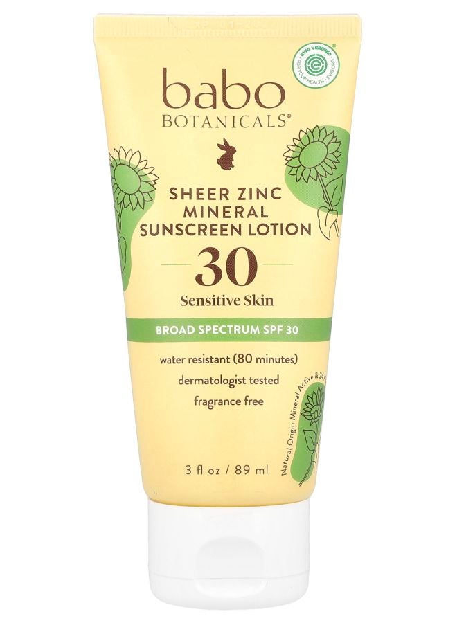 Babo Botanicals Sheer Zinc Mineral Sunscreen Lotion Sensitive Skin SPF 30 Fragrance Free 3 fl oz (89 ml)