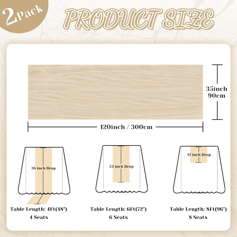 Jamestry 2 Pack Beige Cheesecloth Table Runner, 10Ft Boho Gauze Cheese Cloth Table Runners for Wedding, Party, Dinner, Baby Shower, 120 Inches Long Table Runner for Valentine's Day, Easter, Mother's Day Decor - Image 4