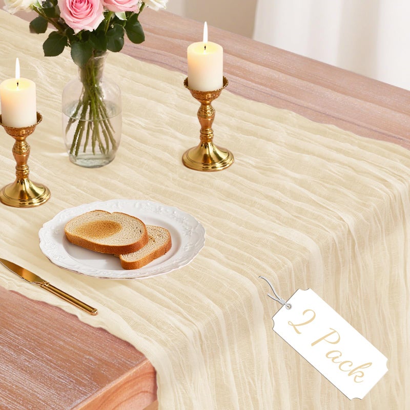 Jamestry 2 Pack Beige Cheesecloth Table Runner, 10Ft Boho Gauze Cheese Cloth Table Runners for Wedding, Party, Dinner, Baby Shower, 120 Inches Long Table Runner for Valentine's Day, Easter, Mother's Day Decor - Image 1