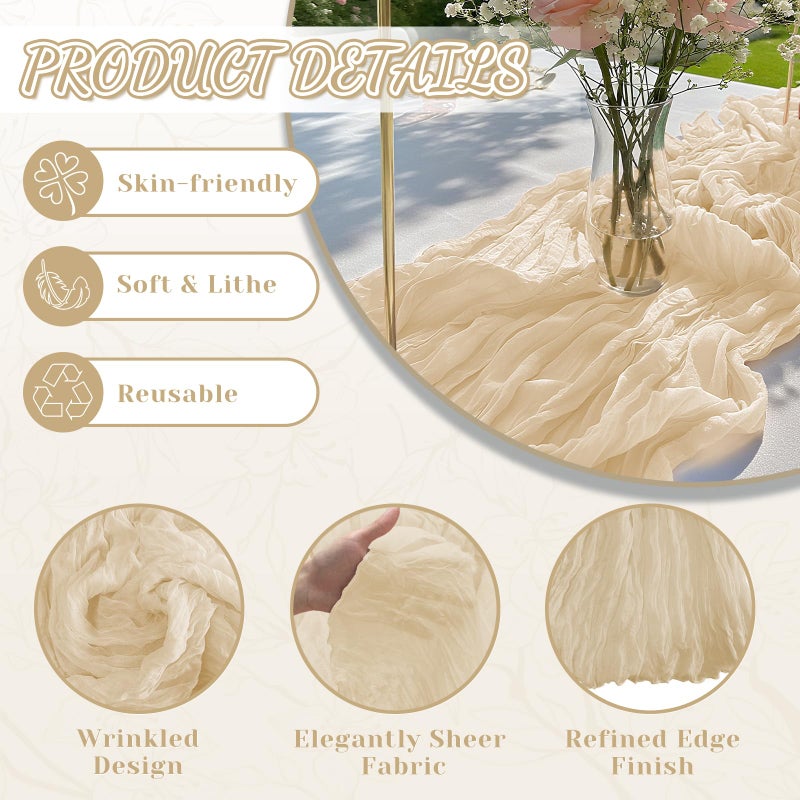 Jamestry 2 Pack Beige Cheesecloth Table Runner, 10Ft Boho Gauze Cheese Cloth Table Runners for Wedding, Party, Dinner, Baby Shower, 120 Inches Long Table Runner for Valentine's Day, Easter, Mother's Day Decor - Image 3