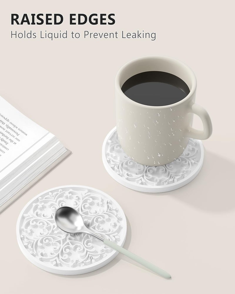 Aiawoxc Drink Coasters, Coasters Set of 6 for Cup with Holder, Non-Slip Silicone Cup Mats for Hot and Cold Drinks, Cute Absorbent Coffee Bar Accessories Table Decor, White - Image 3
