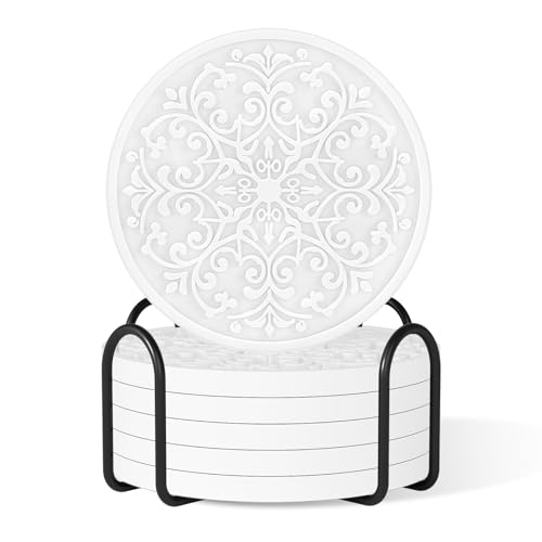 Aiawoxc Drink Coasters, Coasters Set of 6 for Cup with Holder, Non-Slip Silicone Cup Mats for Hot and Cold Drinks, Cute Absorbent Coffee Bar Accessories Table Decor, White - Image 1