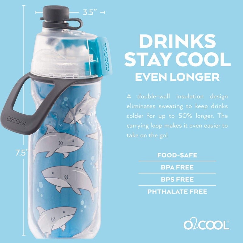 O2COOL Mist 'N Sip Kids Misting Water Bottle 2-in-1 Mist And Sip Function With No Leak Pull Top Spout Kids Water Bottle Sports Water Bottle - 12 oz (Sharks) - Image 3