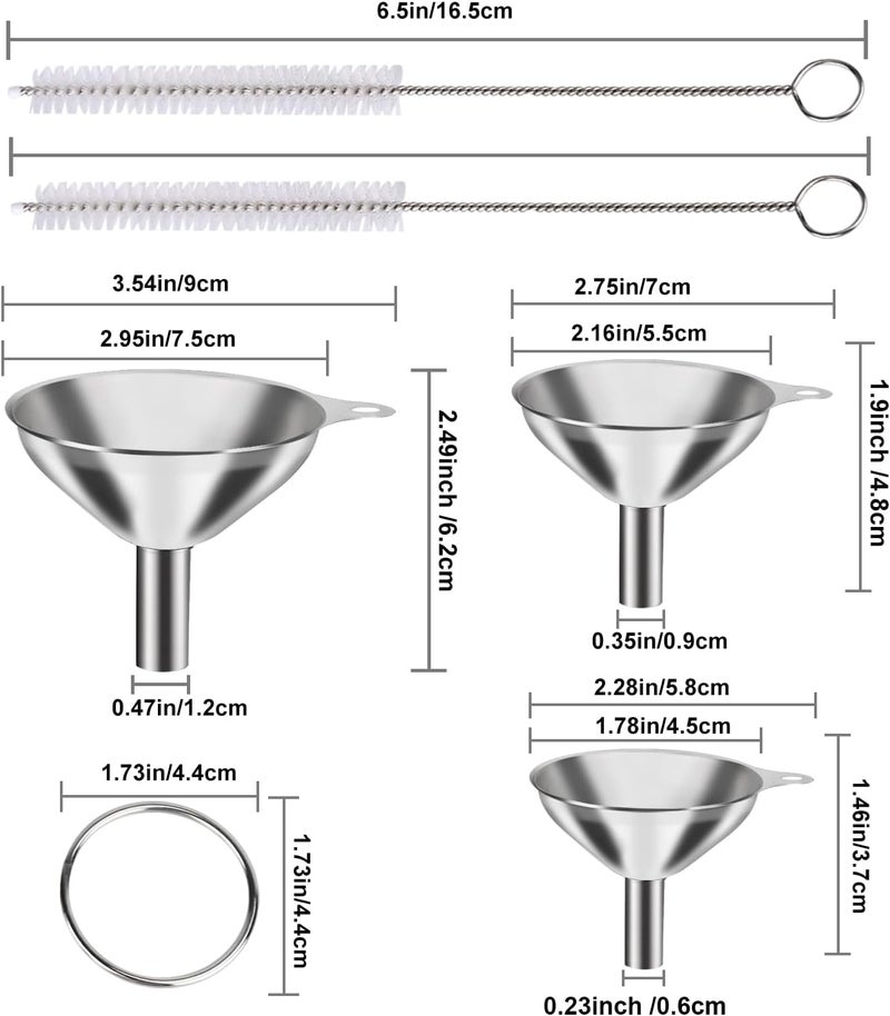 YLYL 6 Pcs Metal Stainless Steel Funnel, Large Small Funnel Set of 3, Food Grade Mini Funnels for Kitchen Use Filling Bottles Liquor Flask Tiny Spice Cooking Powder Water, 2 Pcs Cleaning Brushes - Image 2