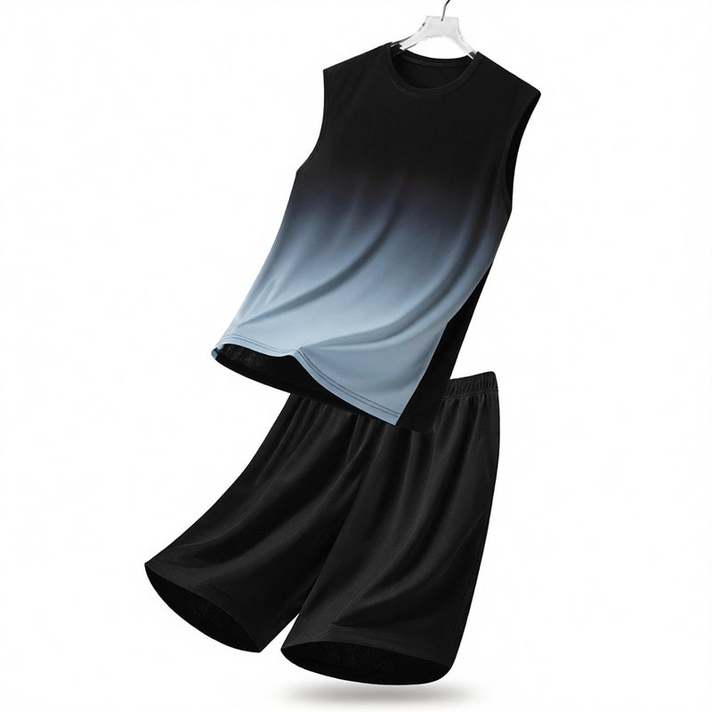 Men's Summer Casual Two-Piece Set Printed Gradient Loose Breathable Quick-Dry Vest and Shorts - Image 1