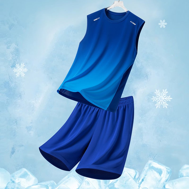 Men's Summer Casual Two-Piece Set Printed Gradient Loose Breathable Quick-Dry Vest and Shorts - Image 2
