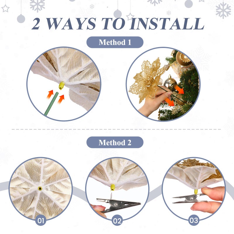 Alupssuc 24Pcs 3 Styles 6 inch Glitter Poinsettias Artificial Christmas Flowers  Ornaments for Christmas Tree Decorations  Large Christmas Ornaments  Xmas Decor Flowers with Clips  Silver - Image 3