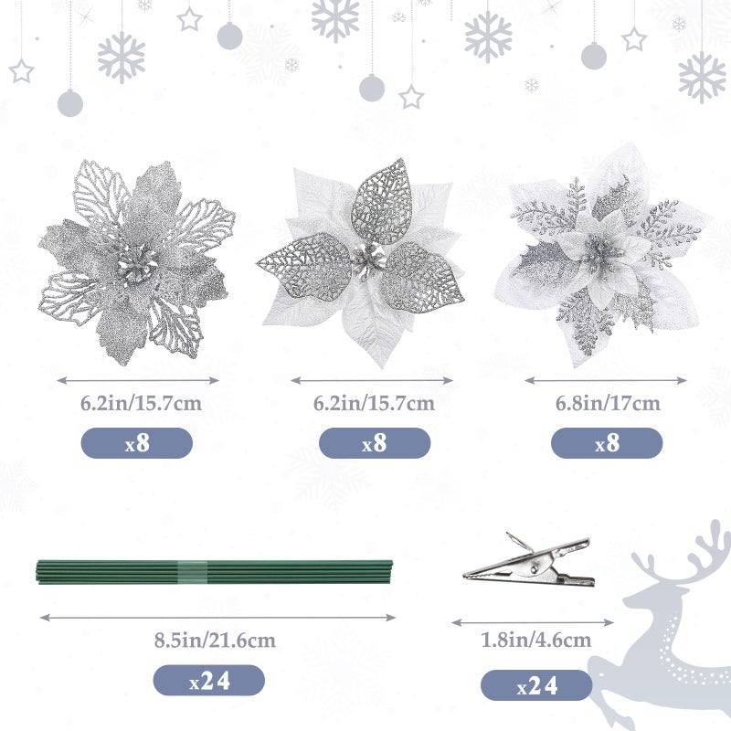 Alupssuc 24Pcs 3 Styles 6 inch Glitter Poinsettias Artificial Christmas Flowers  Ornaments for Christmas Tree Decorations  Large Christmas Ornaments  Xmas Decor Flowers with Clips  Silver - Image 2