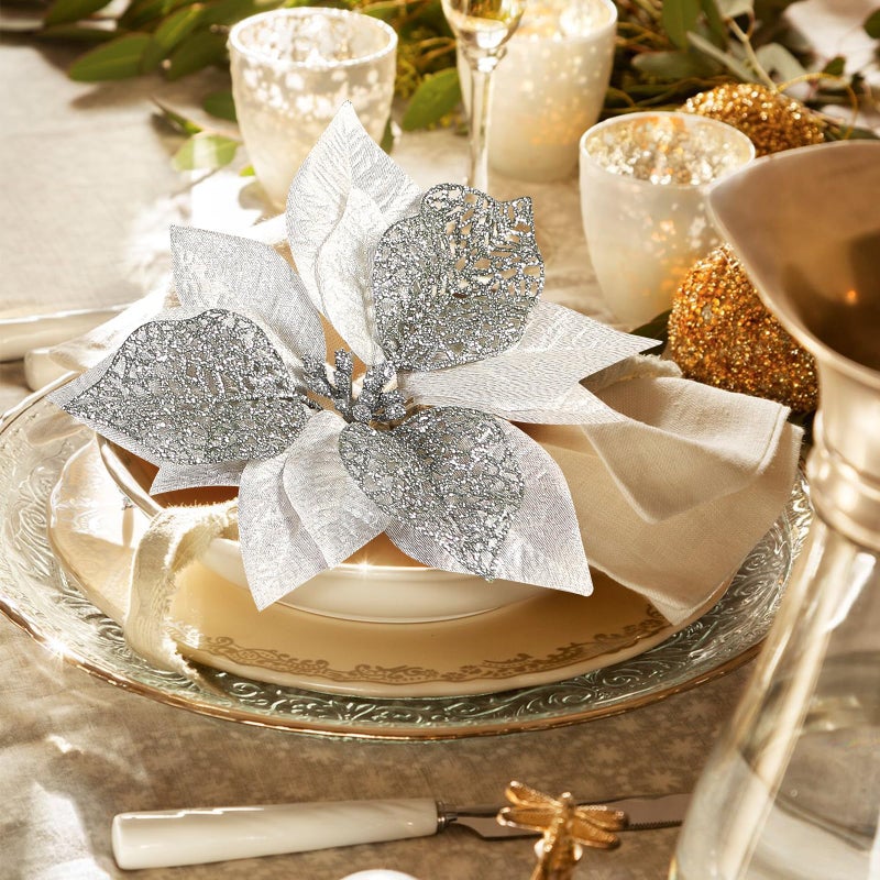 Alupssuc 24Pcs 3 Styles 6 inch Glitter Poinsettias Artificial Christmas Flowers  Ornaments for Christmas Tree Decorations  Large Christmas Ornaments  Xmas Decor Flowers with Clips  Silver - Image 5