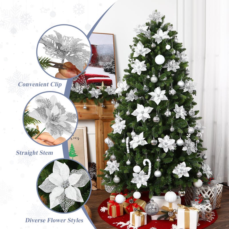 Alupssuc 24Pcs 3 Styles 6 inch Glitter Poinsettias Artificial Christmas Flowers  Ornaments for Christmas Tree Decorations  Large Christmas Ornaments  Xmas Decor Flowers with Clips  Silver - Image 4