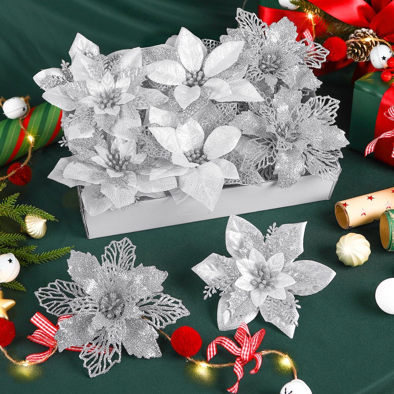 Alupssuc 24Pcs 3 Styles 6 inch Glitter Poinsettias Artificial Christmas Flowers  Ornaments for Christmas Tree Decorations  Large Christmas Ornaments  Xmas Decor Flowers with Clips  Silver - Image 1