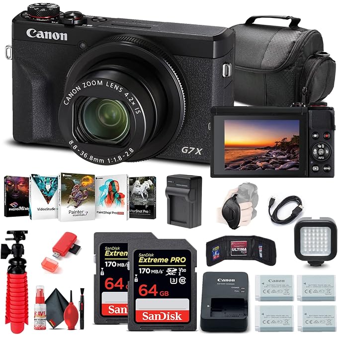 Canon PowerShot G7 X Mark III Digital Camera (Black) (3637C001) + 2 x 64GB Memory Card + 3 x NB13L Battery + Corel Photo Software + Charger + Card Reader + LED Light + More (Renewed) - Image 1