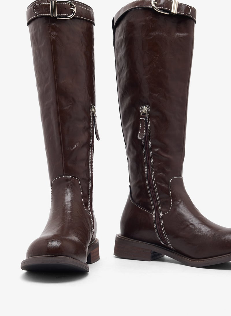 Ginger Metallic Buckle Detail Knee High Boots - Image 4