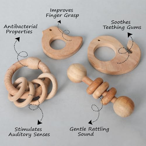 Babbles Neem Wood Teethers for Babies | Wooden Teethers for 6 to 12 Months Baby | Natural and Antibacteria (Bird+Whale+Dumbbell+Ring) - Image 2