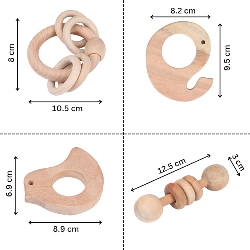 Babbles Neem Wood Teethers for Babies | Wooden Teethers for 6 to 12 Months Baby | Natural and Antibacteria (Bird+Whale+Dumbbell+Ring) - Image 5