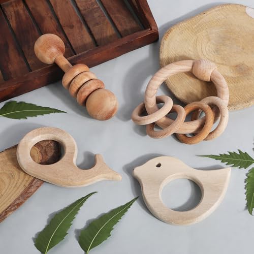 Babbles Neem Wood Teethers for Babies | Wooden Teethers for 6 to 12 Months Baby | Natural and Antibacteria (Bird+Whale+Dumbbell+Ring) - Image 1