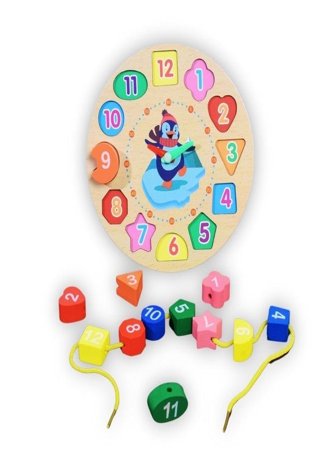 HaRvic Wooden Learning Clock with Bead Lace, Educational Digital Analog Numbers, Shape & Color Learning Montessori Toy for Kids (Multicolor) - Image 1