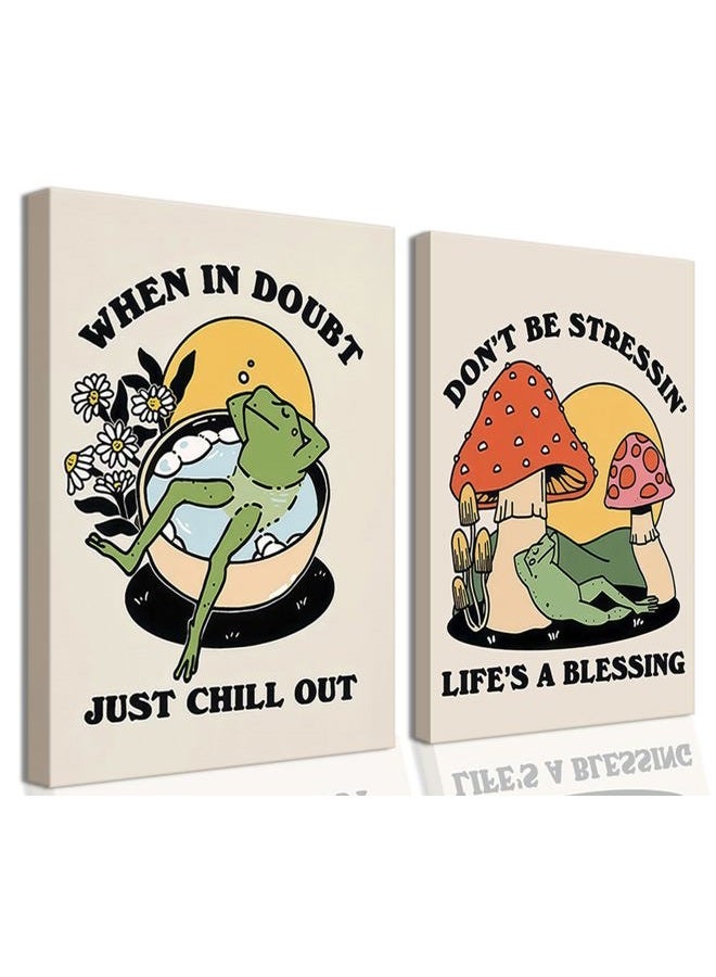 Riveda Framed set of 2 Preppy Wall Art Prints, Vintage Frog Mushroom Wall Art Retro Aesthetic Poster relaxation Prints for Bathroom Wall Decor12*16"*2 - Image 1