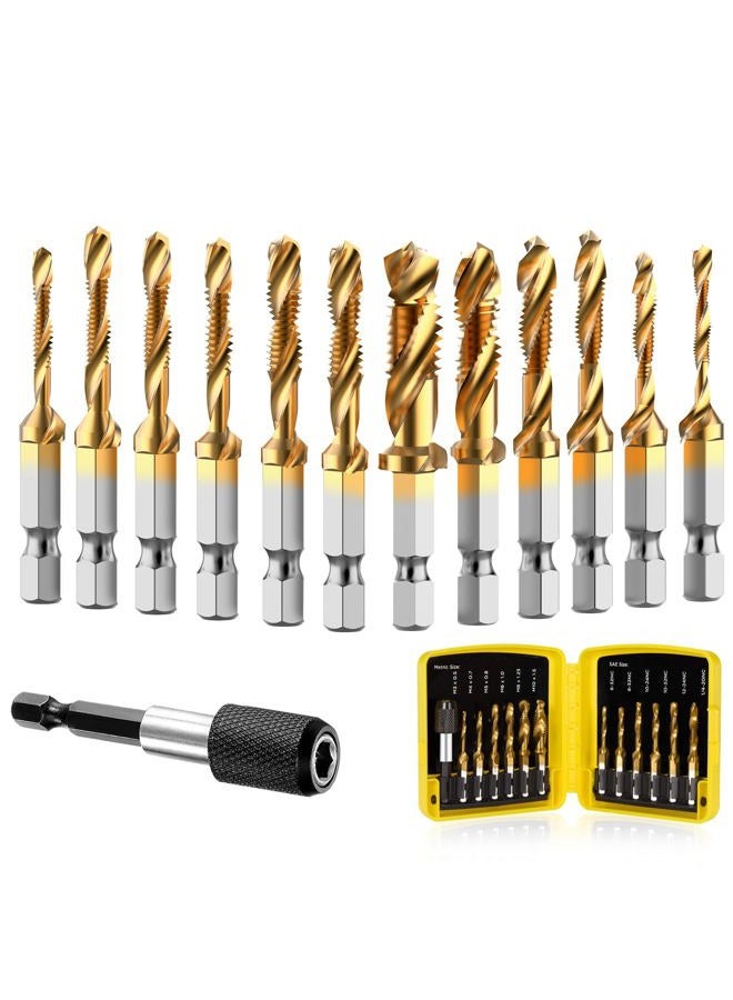 THINKWORK Combination Drill Tap & Tap Bit Set, 3-in-1 Titanium Coated Screw Tapping Bit Tool for Drilling, Tapping, Countersinking, with Quick-Change Adapter, 13 PCS SAE/Metric - Image 1