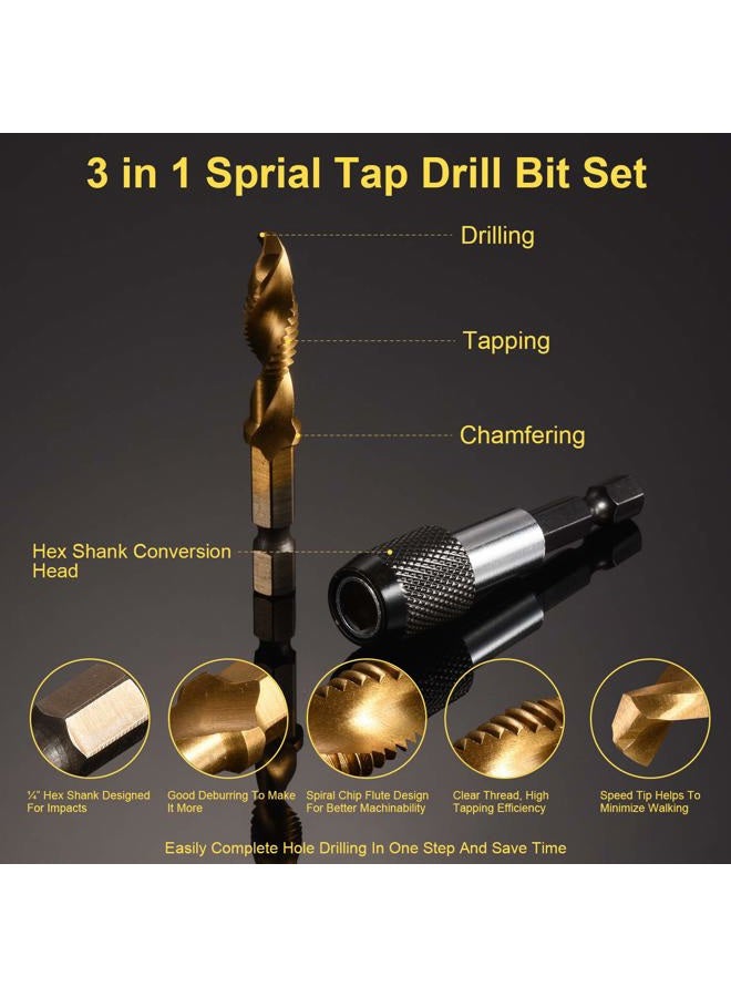 THINKWORK Combination Drill Tap & Tap Bit Set, 3-in-1 Titanium Coated Screw Tapping Bit Tool for Drilling, Tapping, Countersinking, with Quick-Change Adapter, 13 PCS SAE/Metric - Image 2