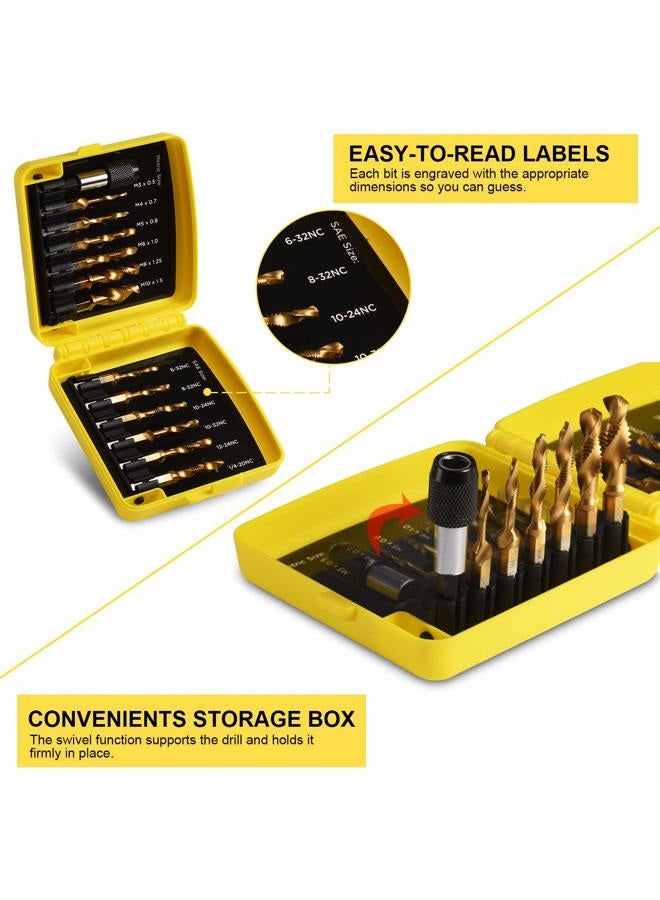 THINKWORK Combination Drill Tap & Tap Bit Set, 3-in-1 Titanium Coated Screw Tapping Bit Tool for Drilling, Tapping, Countersinking, with Quick-Change Adapter, 13 PCS SAE/Metric - Image 4