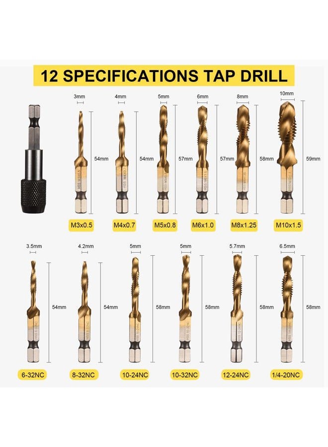 THINKWORK Combination Drill Tap & Tap Bit Set, 3-in-1 Titanium Coated Screw Tapping Bit Tool for Drilling, Tapping, Countersinking, with Quick-Change Adapter, 13 PCS SAE/Metric - Image 3