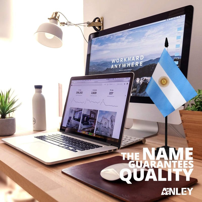 Anley Argentina Deluxe Desk Flag Set - 6 x 4 Inch Miniature Argentine Desktop Flag with 12" Solid Pole - Vivid Color and Fade Resistant - Black Base and Spear Top - Image 1