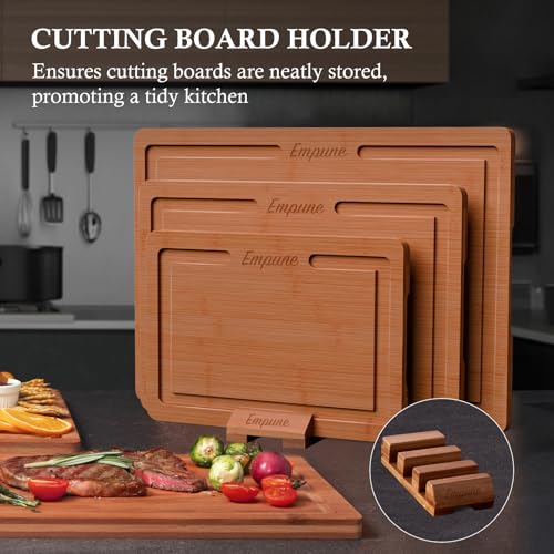 Empune Bamboo Cutting Board Set, Wood Cutting Boards for Kitchen with Holder Wooden Chopping Board for Meal Prep & Serving, Brown - Image 5