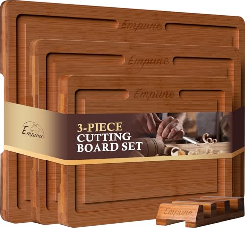 Empune Bamboo Cutting Board Set, Wood Cutting Boards for Kitchen with Holder Wooden Chopping Board for Meal Prep & Serving, Brown - Image 1