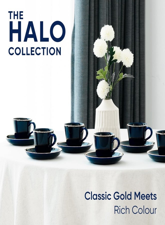 Shay طقم شاي شاي من السيراميك، 6 قطع، أزرق بخط ذهبي حقيقي، 180 مل | طقم أكواب من 6 قطع للشاي | لمسة نهائية لامعة (الكوب والصحن - أزرق بخط ذهبي) - Image 3