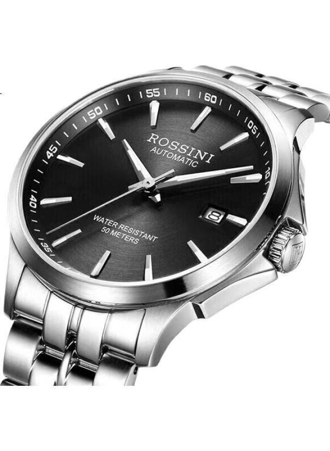 Rossini Men'S Watch, Birthday Gift, Fashionable Chinese Mechanical Watch, Luminous Date Display, Black Dial, Steel Strap, 520005 - Image 1