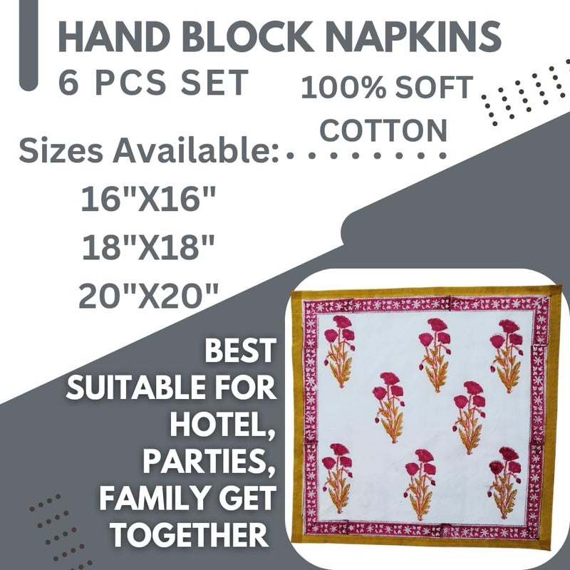 Third Eye Export Cloth Napkins Set of 6  Yellow Cotton Floral Dinner Napkins for Table  Reusable Indian Block Print Washable Napkins for Wedding Party Boho Decor Yellow Large 18x18 Inches - Image 5