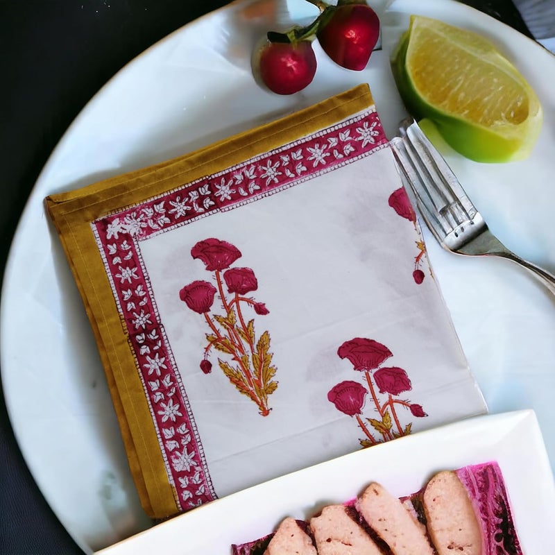 Third Eye Export Cloth Napkins Set of 6  Yellow Cotton Floral Dinner Napkins for Table  Reusable Indian Block Print Washable Napkins for Wedding Party Boho Decor Yellow Large 18x18 Inches - Image 3