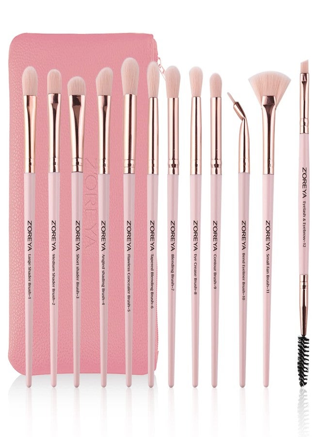 Z'OREYA Eye Makeup Brushes, 12 Pcs Professional Eye Brush Set Eyeshadow, Eyebrow, Blending, Fan, Eyelash Brushes Set With Carrying Bag (Pink) - Image 1