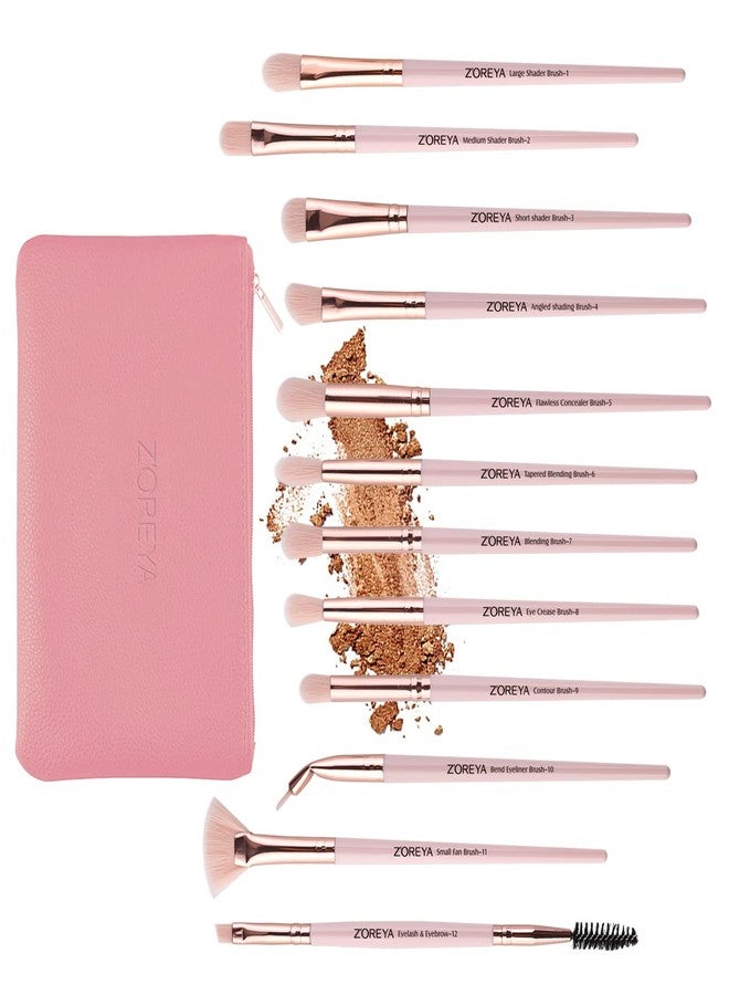 Z'OREYA Eye Makeup Brushes, 12 Pcs Professional Eye Brush Set Eyeshadow, Eyebrow, Blending, Fan, Eyelash Brushes Set With Carrying Bag (Pink) - Image 4