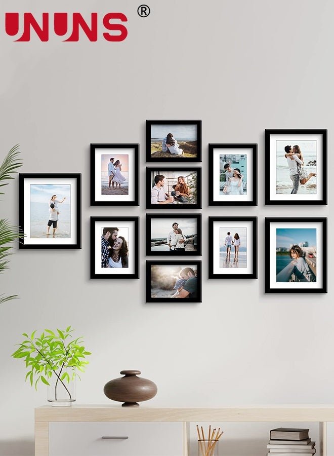 UNUNS طقم إطارات الصور، 10 قطع إطار صور لتزيين الجدران، طقم إطارات للعرض على الجدران أو الطاولات، خشب مصنّع وزجاج بلاستيكي مقاوم للكسر، أحجام متعددة، 3 قطع 10 بوصة، 8 قطع 7 بوصة، طقم إطارات، أسود - Image 1